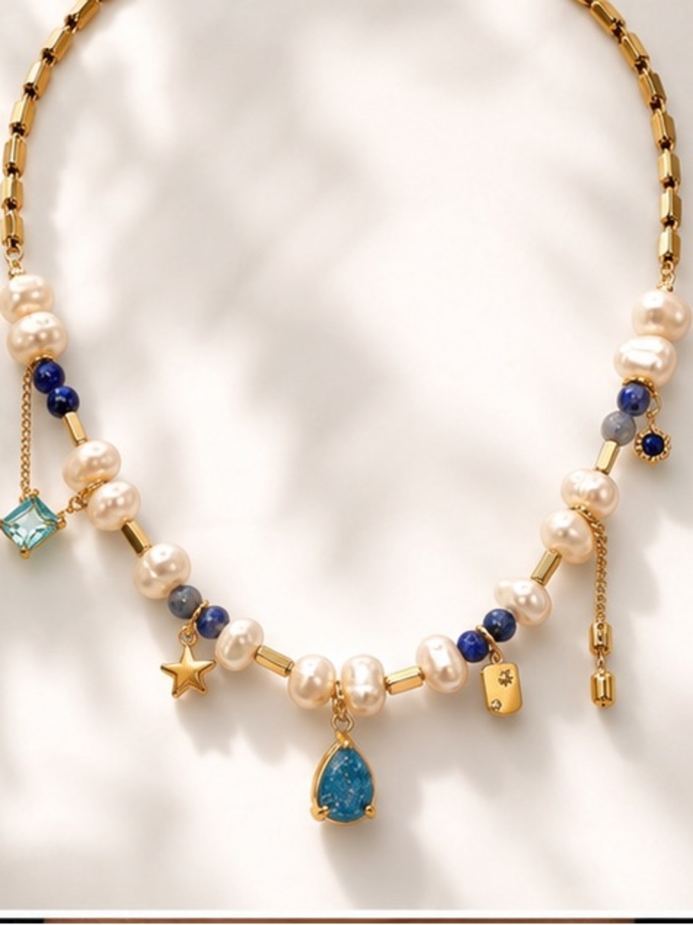 Coastal Charm Necklace – Pearls, Blue Gems & Gold